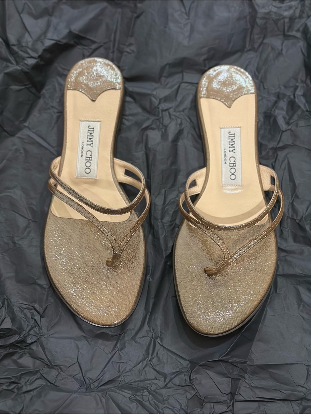Jimmy Choo Metallic Gold Glitter Thong Sandals size 37 NWOT